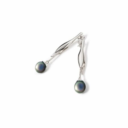 Boucles d'oreilles pendantes Iza B Canopée en argent rhodié et perles de Tahiti