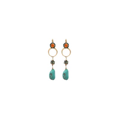 Boucles d'oreilles dormeuses Satellite Caliste en plaqué or, perles de rivière, turquoise, chrysocolle, grenat, hématite et cristal