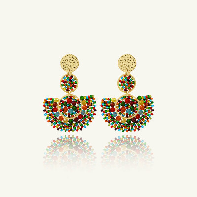 Boucles d'oreilles Sàntibé Bijoux Cancun en laiton, métal doré et perles multicolore