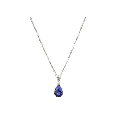 Collier en or gris de 42 cm avec tanzanite poire 1,10 ct et 2 diamants 0,07 ct sertis griffes