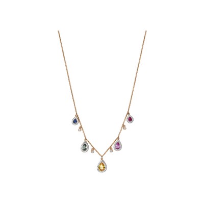 Collier Héritage en or rose, 5 poires multi saphirs et entourage diamants