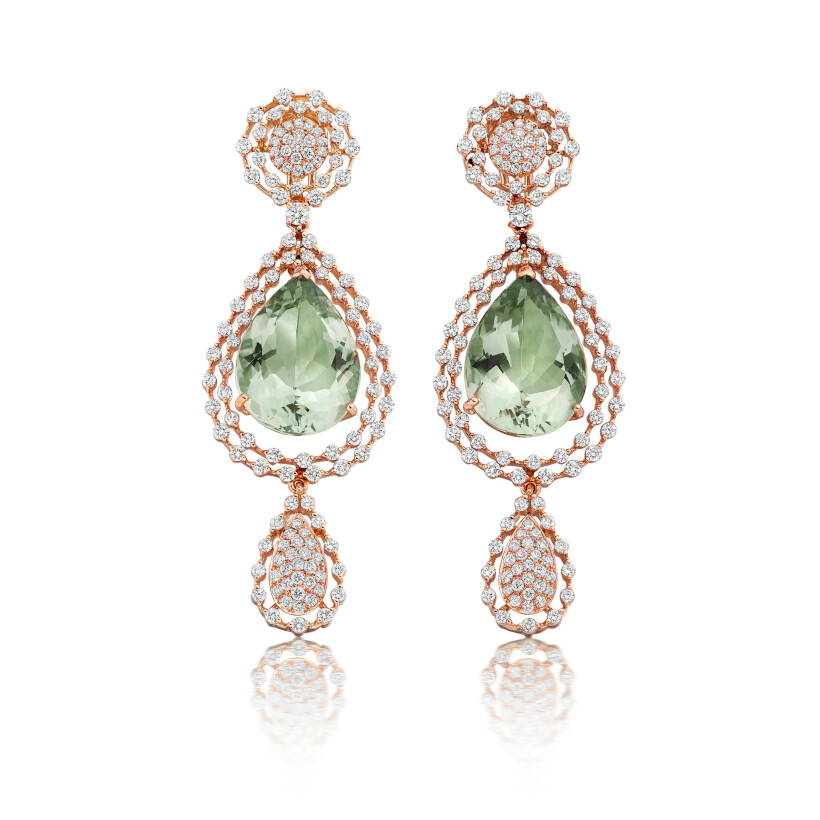 Ceremony earrings, pink gold, diamonds and prasiolite