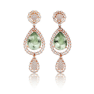 Boucles d'oreilles pendantes Ceremony en or rose, diamants et prasiolite