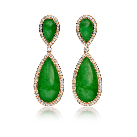 Ceremony earrings, pink gold, diamonds, emerald and quartz