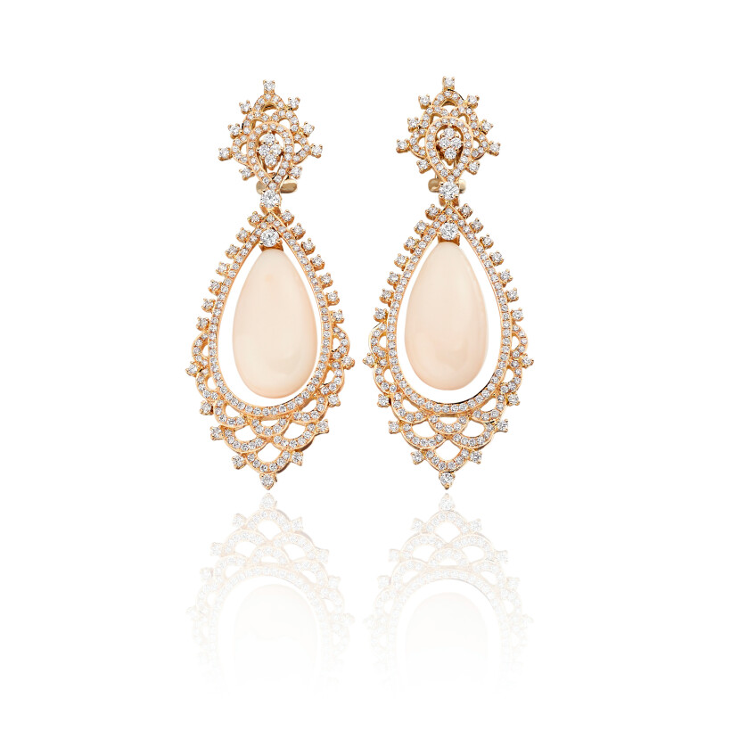 Ceremony earrings, pink gold, diamonds and coral