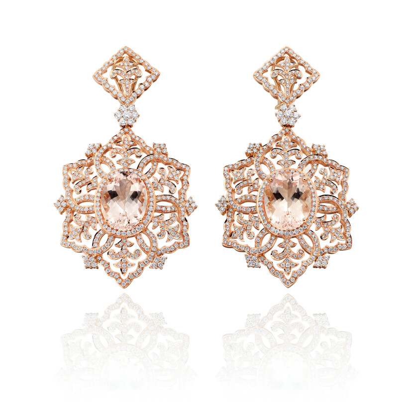 Boucles d'oreilles pendantes Ceremony en or rose, diamants et morganite