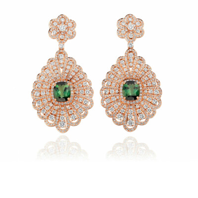 Ceremony earrings, pink gold, diamonds and tourmaline