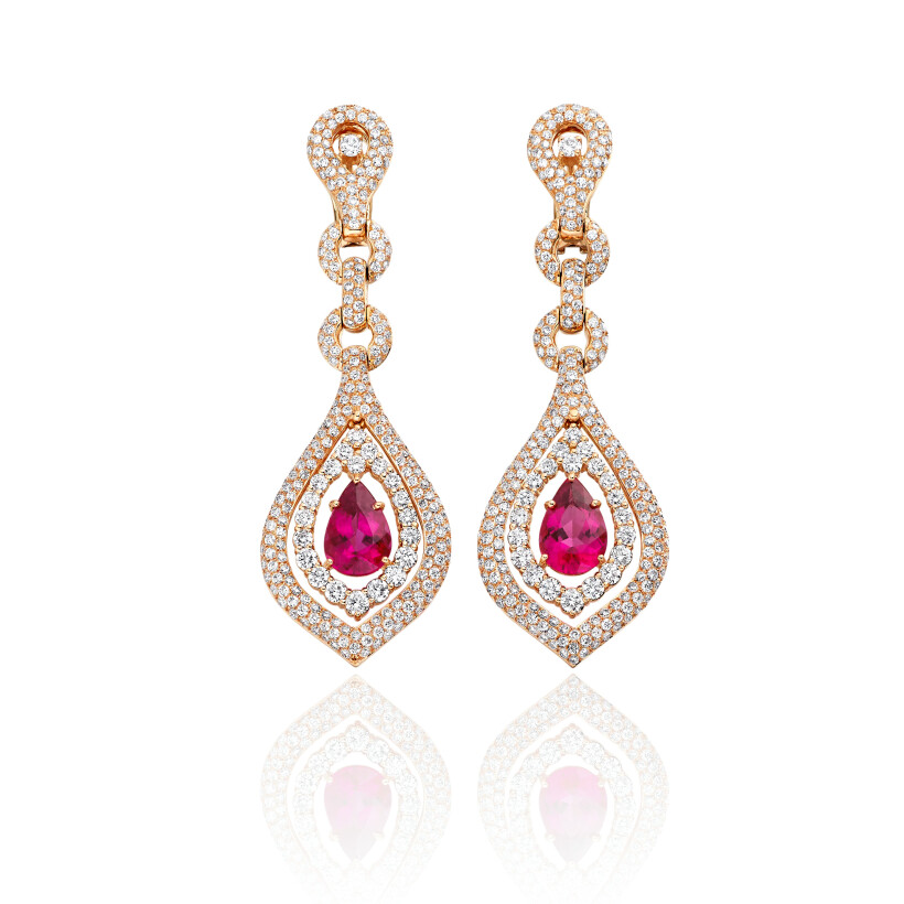 Ceremony earrings, pink gold, diamonds and rubellite