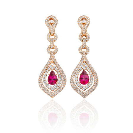 Ceremony earrings, pink gold, diamonds and rubellite