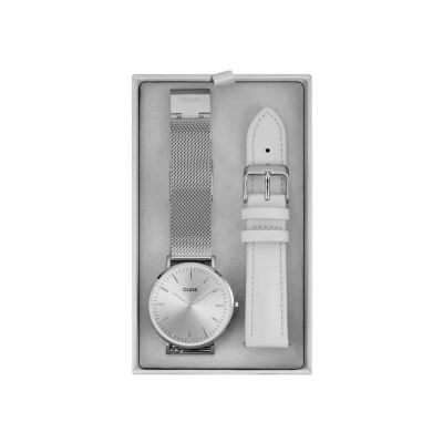 Coffret de montre Cluse Boho Chic Watch Mesh, Silver Colour & Grey Leather Strap