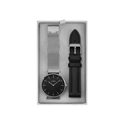 Coffret de montre Cluse Boho Chic Watch Mesh, Silver Colour & Black Leather Strap