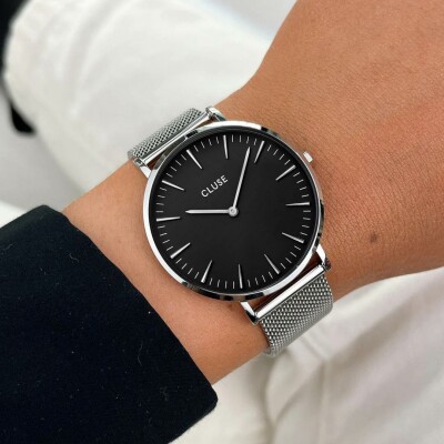 Coffret de montre Cluse Boho Chic Watch Mesh, Silver Colour & Black Leather Strap