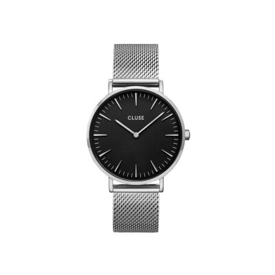 Coffret de montre Cluse Boho Chic Watch Mesh, Silver Colour & Black Leather Strap