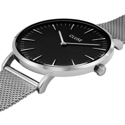 Coffret de montre Cluse Boho Chic Watch Mesh, Silver Colour & Black Leather Strap