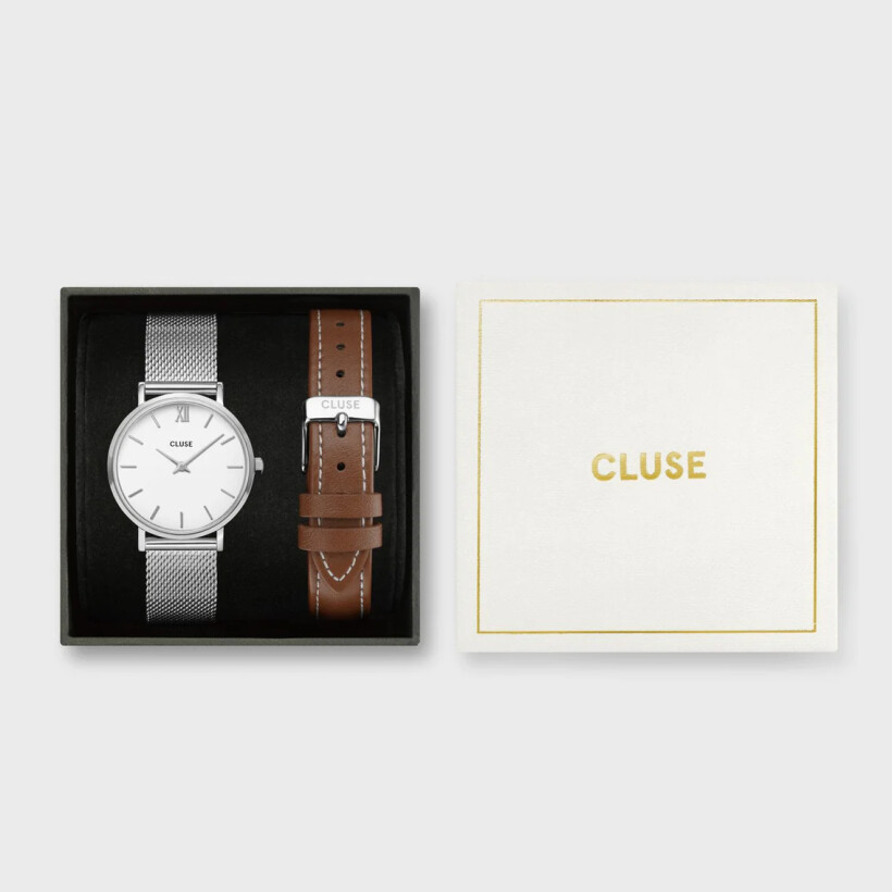 Coffret de montre Cluse Minuit Brown Leather Strap Silver