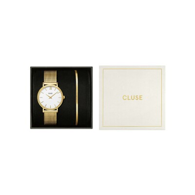 Coffret de montre Cluse Minuit Watch Mesh, White & Flat Snake Bracelet, Gold Colour