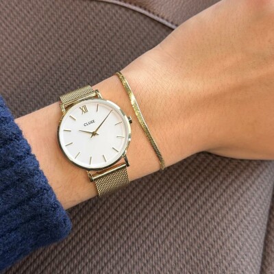 Coffret de montre Cluse Minuit Watch Mesh, White & Flat Snake Bracelet, Gold Colour