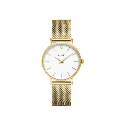 Coffret de montre Cluse Minuit Watch Mesh, White & Flat Snake Bracelet, Gold Colour