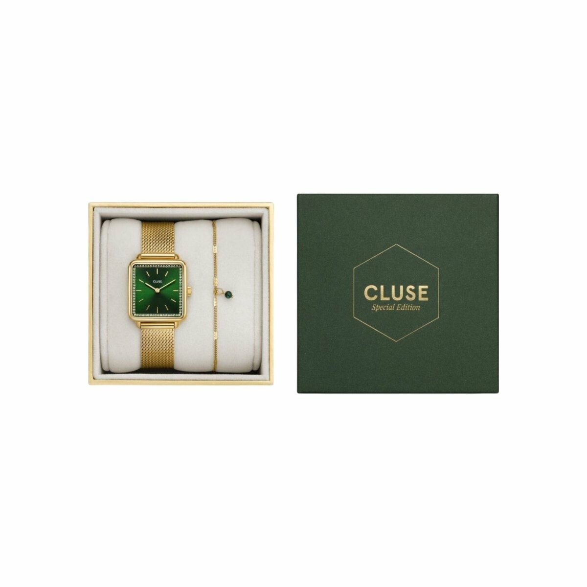 Coffret Cluse La Tétragone CG10317 avec un bracelet en métal doré jaune