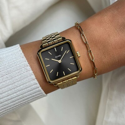 Coffret de montre Cluse La Tétragone Watch Steel, Black & Paperclip Chain Bracelet, Gold Colour