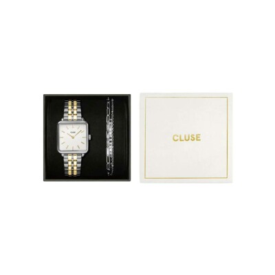 Coffret de montre Cluse La Tétragone Watch Steel, Two-Tone & Double Chain Bracelet, Silver Colour