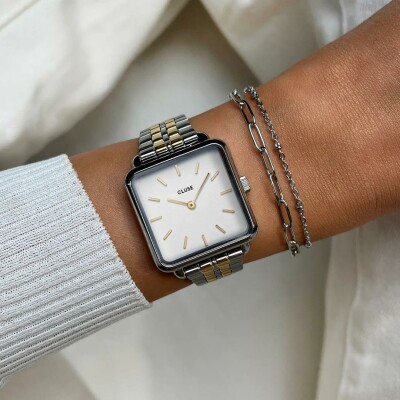 Coffret de montre Cluse La Tétragone Watch Steel, Two-Tone & Double Chain Bracelet, Silver Colour