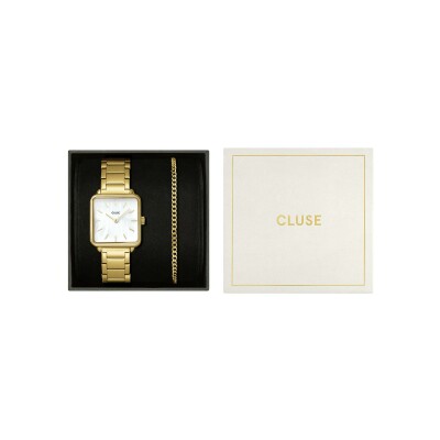 Coffret de montre Cluse La Tétragone Watch Steel, White Pearl & Curb Chain Bracelet, Gold Colour