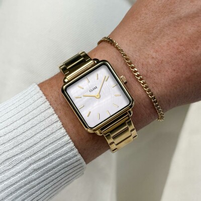 Coffret de montre Cluse La Tétragone Watch Steel, White Pearl & Curb Chain Bracelet, Gold Colour