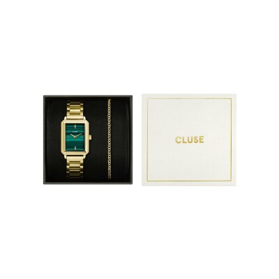 Coffret de montre Cluse Fluette Watch Steel, Green & Round Chain Bracelet, Gold Colour