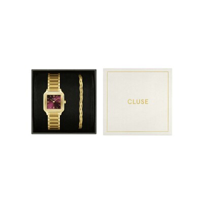 Coffret de montre Cluse Gracieuse Petite Watch Steel, Dark Cherry & Braided Snake Bracelet, Gold Colour