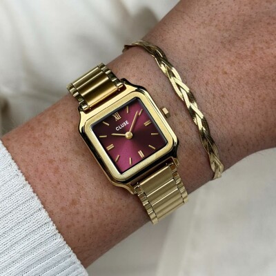 Coffret de montre Cluse Gracieuse Petite Watch Steel, Dark Cherry & Braided Snake Bracelet, Gold Colour