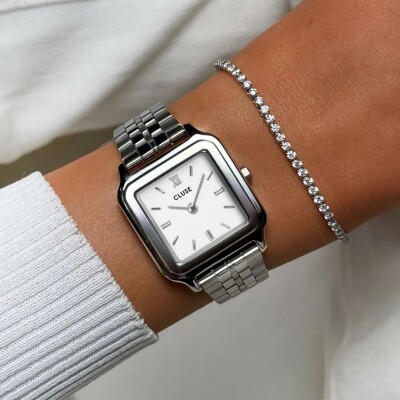 Coffret de montre Cluse Gracieuse Watch Steel, White & Élevé Tennis Bracelet, Silver Colour