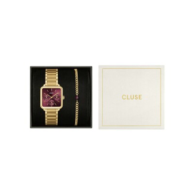 Coffret de montre Cluse La Tétragone Multifunction Watch Steel, Dark Cherry & Bead Bracelet, Gold Colour