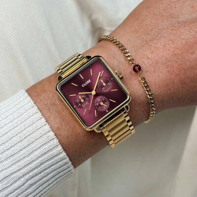 Coffret de montre Cluse La Tétragone Multifunction Watch Steel, Dark Cherry & Bead Bracelet, Gold Colour