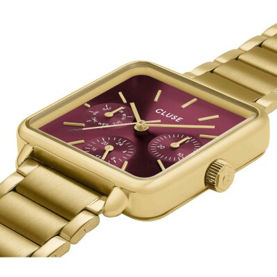 Coffret de montre Cluse La Tétragone Multifunction Watch Steel, Dark Cherry & Bead Bracelet, Gold Colour