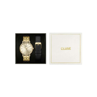Coffret de montre Cluse Pavane Petite Watch Steel, Gold Colour & Black Leather Strap