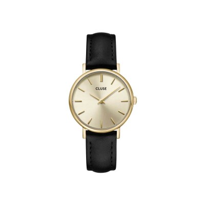 Coffret de montre Cluse Pavane Petite Watch Steel, Gold Colour & Black Leather Strap