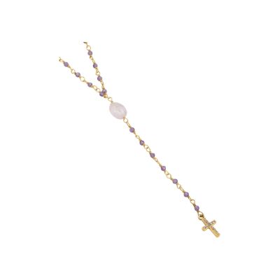 Sautoir Une A Une Inde en laiton doré, quartz rose et zircons