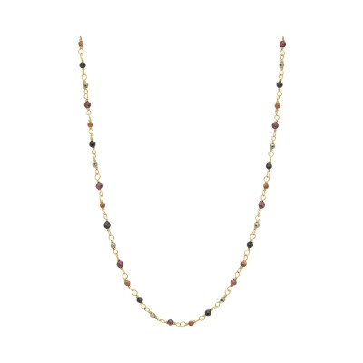 Collier Une A Une Inde en laiton doré , pierre de soleil, grenat onyx noir et pyrite