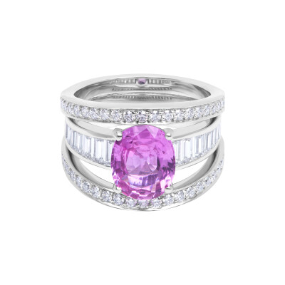 Bague Structure en or blanc, saphir rose taille coussin, diamants taille baguette et diamants