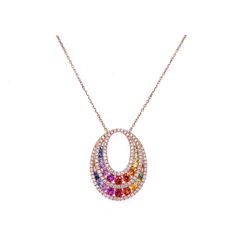 Rose gold oval openwork necklace Arc En Ciel sapphires and diamonds