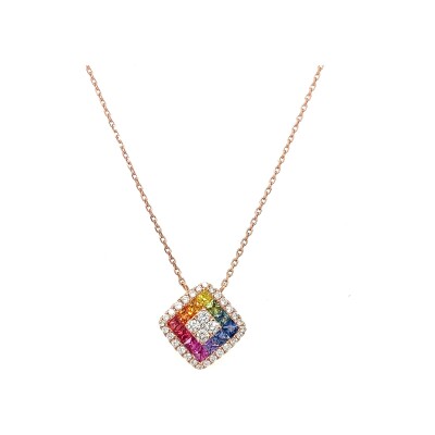 Collier petit losange Rainbow en or rose, saphirs et diamants