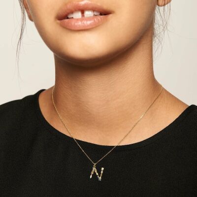 Collier PDPaola I AM Lettre N en argent doré et pierres naturelles, semi-précieuses