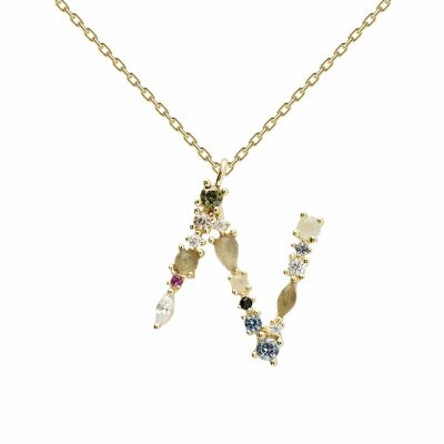 Collier PDPaola I AM Lettre N en argent doré et pierres naturelles, semi-précieuses