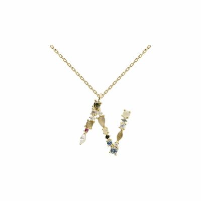 Collier PDPaola I AM Lettre N en argent doré et pierres naturelles, semi-précieuses