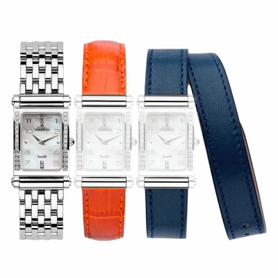 Coffret de montre Michel Herbelin Antarès, bracelet acier et 2 bracelets cuir