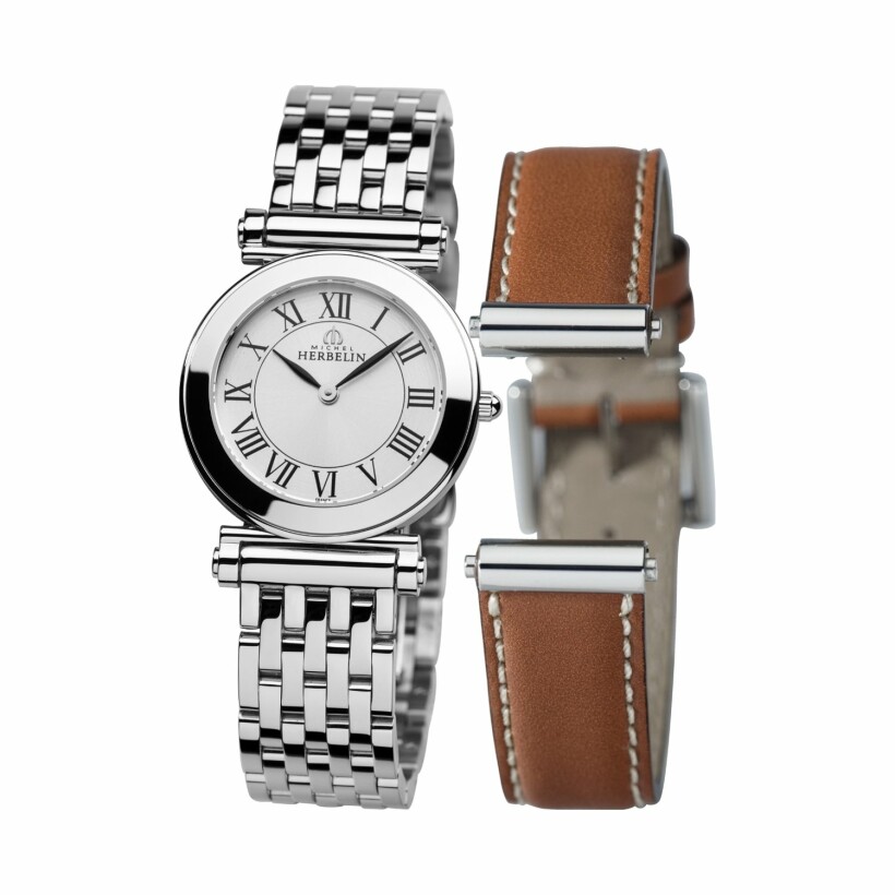 Coffret de montre Michel Herbelin Antarès, bracelet acier et cuir