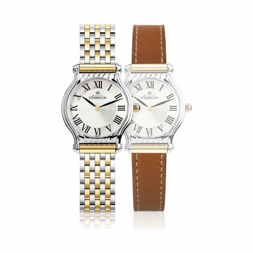 Coffret de montre Michel Herbelin Antarès, bracelet acier plaqué or et cuir