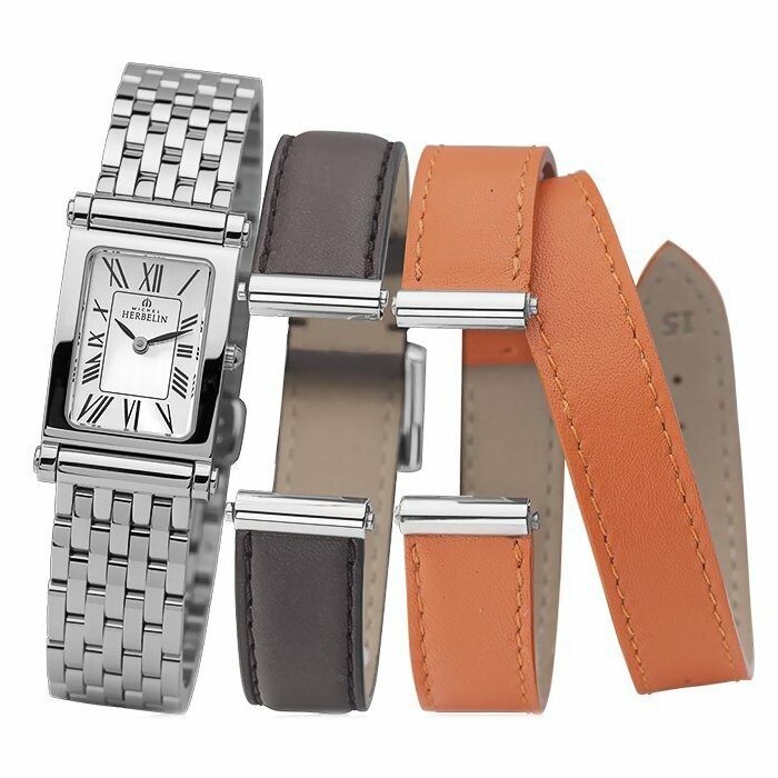 Coffret de montre Michel Herbelin Antarès, bracelet acier et 2 bracelets cuir