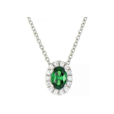 Collier en or blanc, diamants de 0.13ct et émeraude de 0.42ct